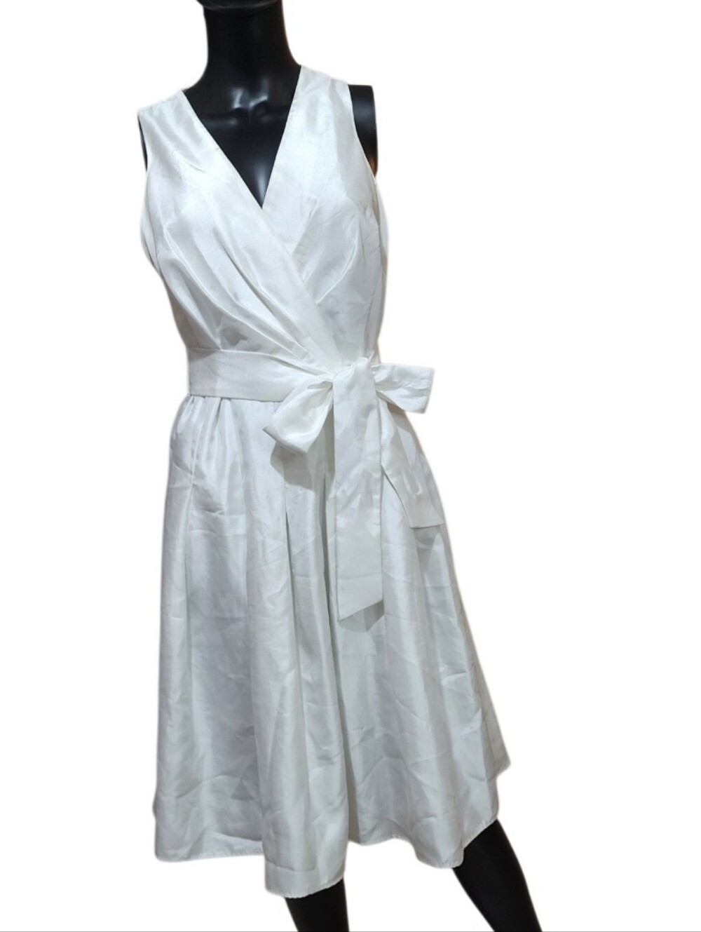 Sleeveless White Wrap Midi Dress with Tie Waist